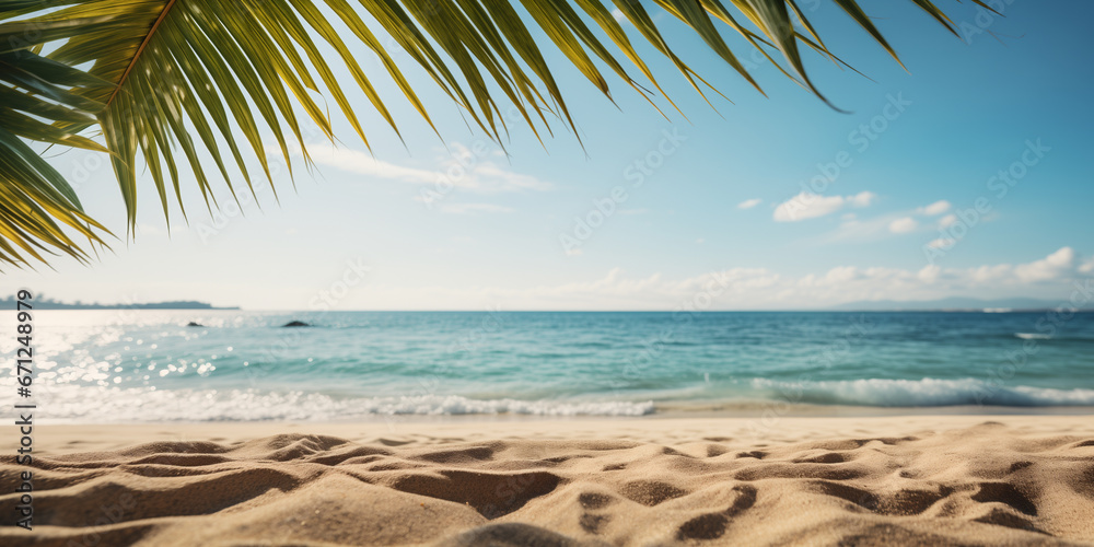 Naklejka premium Tropical sea beach mockup template and palm leaf background. Generated by AI