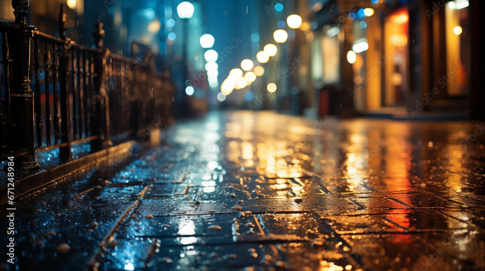 Obraz premium A blurred cityscape with rain-slicked streets on