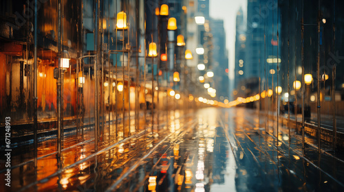 A blurred cityscape with rain-slicked streets on "Blue Monday"