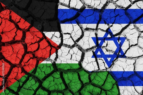 Flag of the Israel and Palestine on the texture of the cracked dry earth. The concept of conflict between states