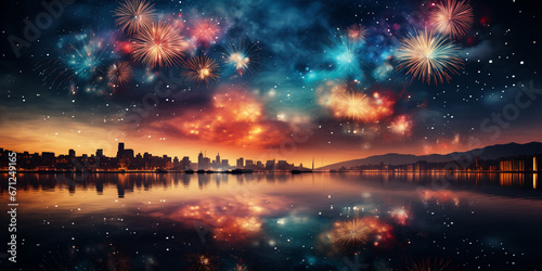 Fireworks over the river illustration. Generated by AI © D.Myts