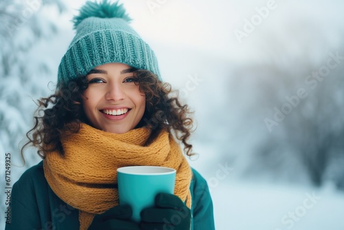 Woman in the Snow Wearing a Winter Hat and Scarf and Drinking Coffee with Space for Copy © JJAVA