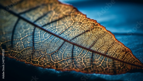Vibrant green leaf vein pattern backlit by autumn sunlight outdoors generated by AI
