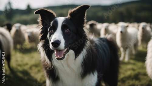 happy and smiling border collie sheepdog inside the sheeps blurred in the background 