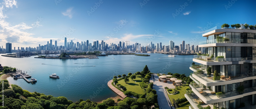 Fototapeta premium Modern luxury residence exterior with panoramic view, panorama