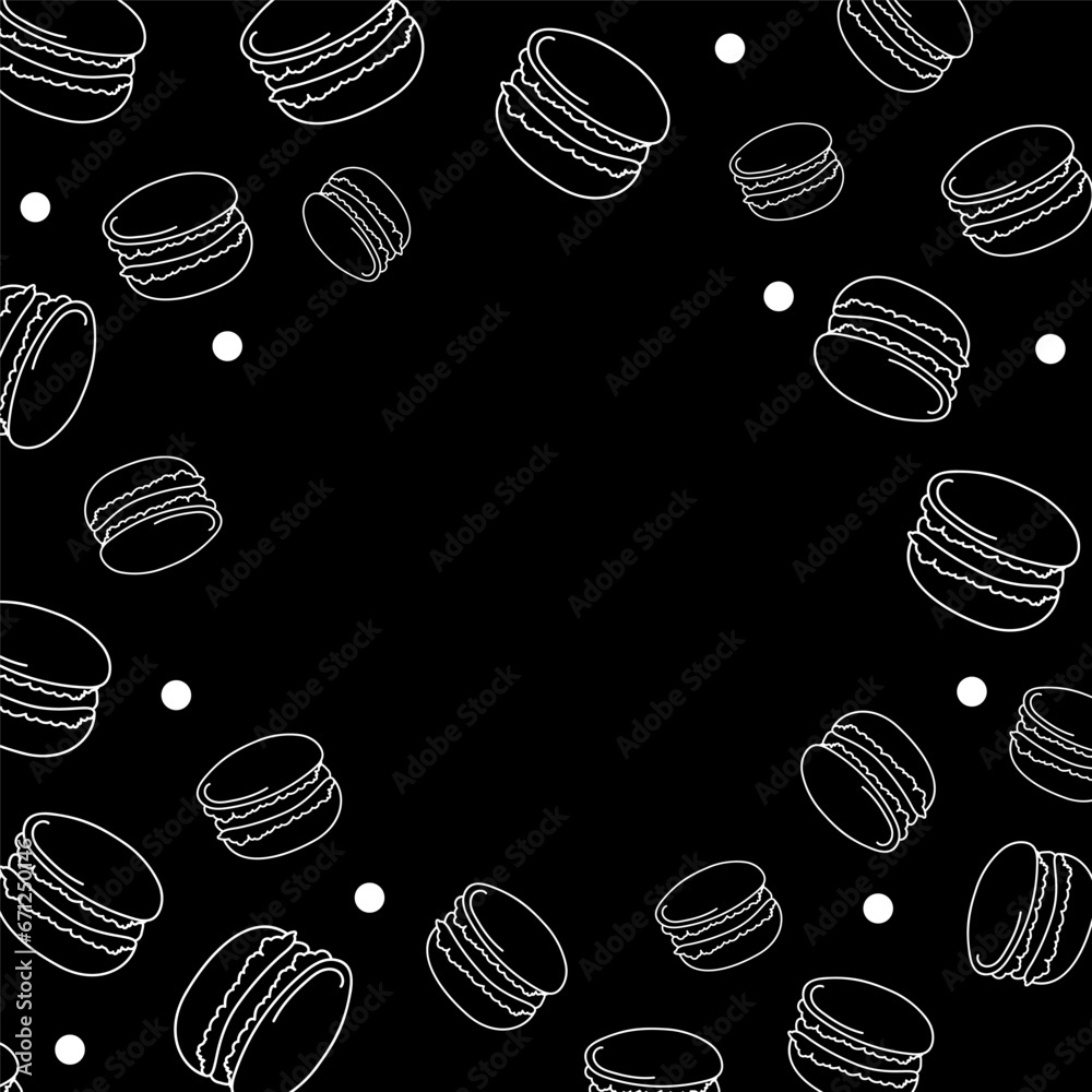 Vector illustration. Contour pattern. Cakes, donuts, croissants, macarons in sketch style. Hand drawn food elements. Desserts and sweets food doodle background with copy space for text. Vector illustration. Contour pattern. Cakes, donuts, croissants, macarons in sketch style. Hand drawn food elements. Desserts and sweets food doodle background with copy space for text.