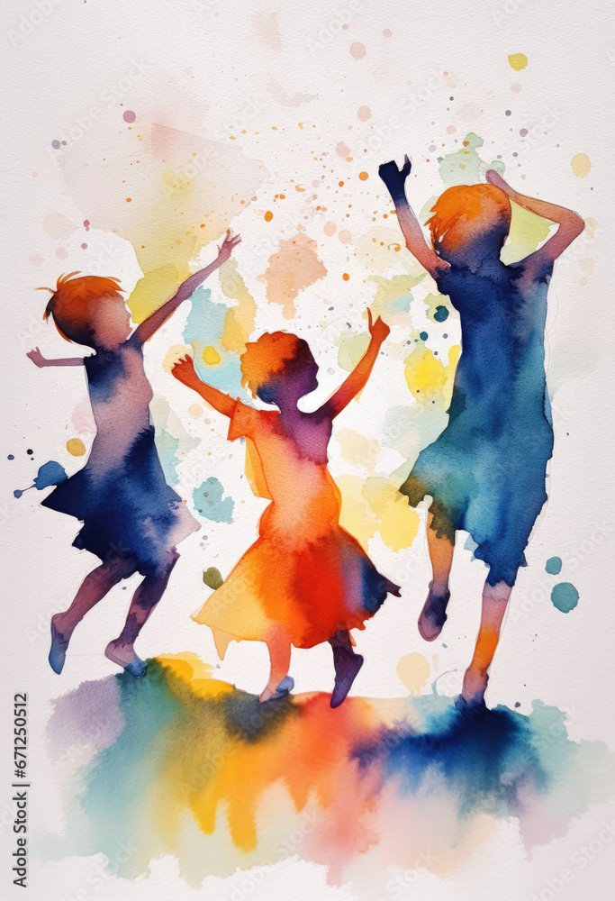 Three kids children playing and dancing together, painted in a beautiful watercolor wash, full of joy and life. Silhouette type illustration with beautiful watercolour textures and washes.
