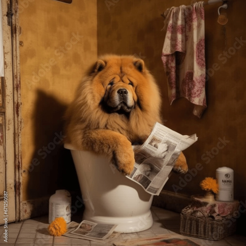chow chow sitzt auf der Toilette und liest Zeitung, lustiges Hundebild photo