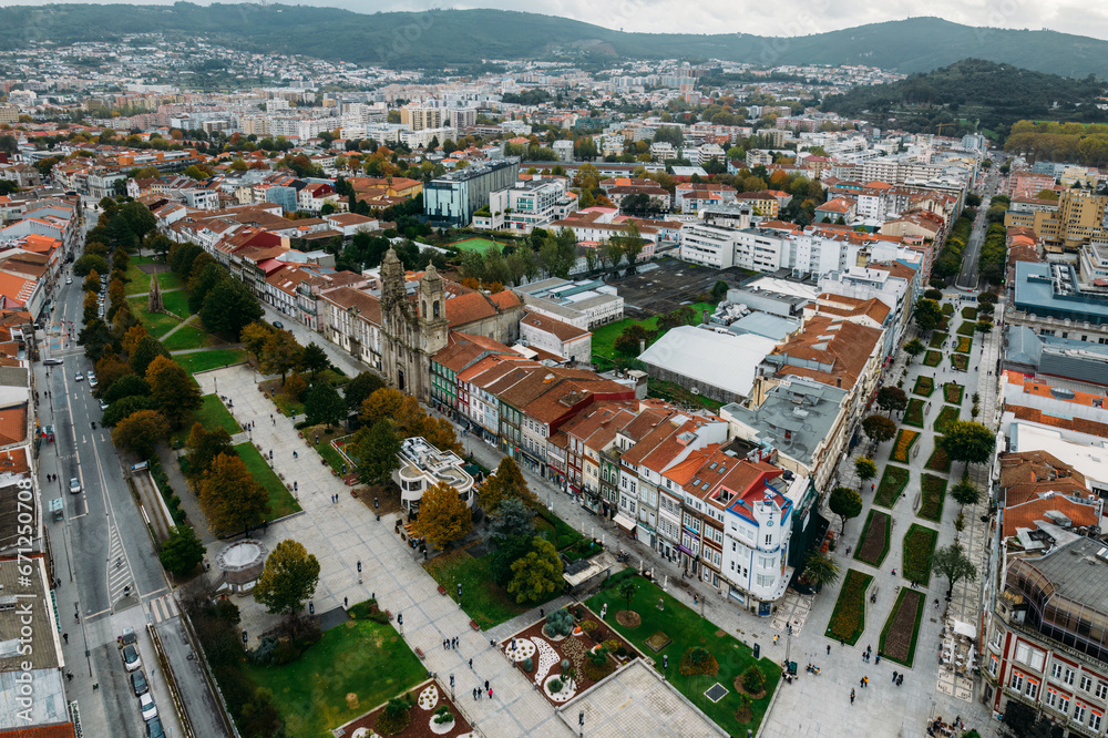 Aerial drone view of historic city of Braga in northern Portugal