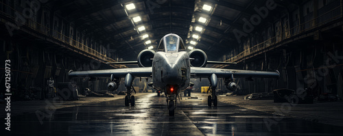 Attack Jet parked inside a military hangar.