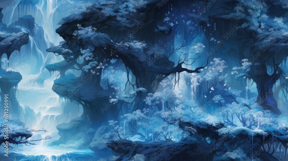 a painting of a waterfall in the middle of a forest with lots of trees and water flowing down the side of it. generative ai a painting of a waterfall in the middle of a forest with lots of trees and water flowing down the side of it. generative ai