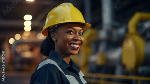 Portrait of a smiling black female engineer at an oil refinery, confidently overseeing operations, maintaining safety standards, generative ai © Hixel