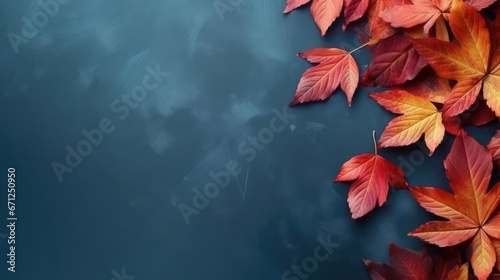 Autumn background with colored red leaves on blue slate background Top view copy space AI Generated 