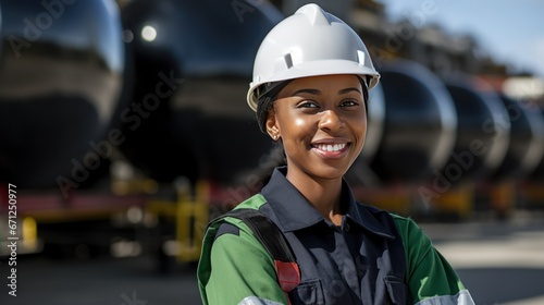 Portrait of a smiling black female engineer at an oil refinery, confidently overseeing operations, maintaining safety standards, generative ai © Hixel