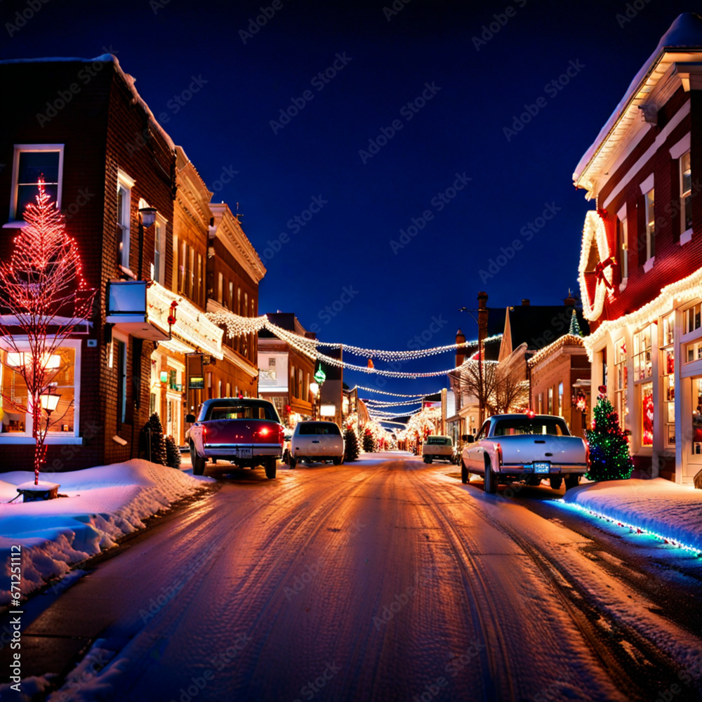 Streets of a rural city decorated with Christmas lights on Christmas Eve