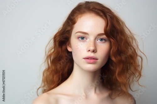 Young charming woman on a light background. Natural makeup. Natural beauty.