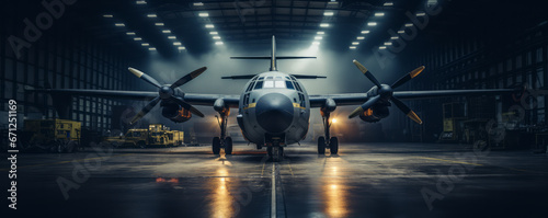 Bomber plane parked inside a military hangar.