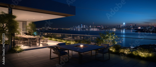 Modern luxury residence exterior with panoramic night view, view of the city