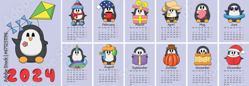 Calendar for 2024 with Cute Cartoon Character Penguin