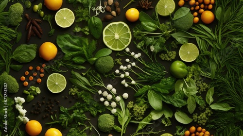  a variety of fruits and vegetables laid out on a black surface with oranges, lemons, broccoli, and other vegetables. generative ai