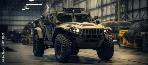 Military ATV parked inside a military hangar. photo