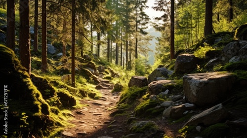 A dirt path in a forest with rocks and trees. Generative AI.