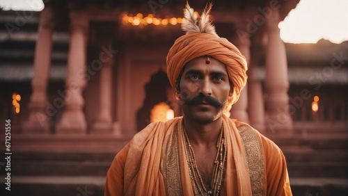 portrait of a Hindu man at sunrise in front of the temple  wearing traditional clothes 