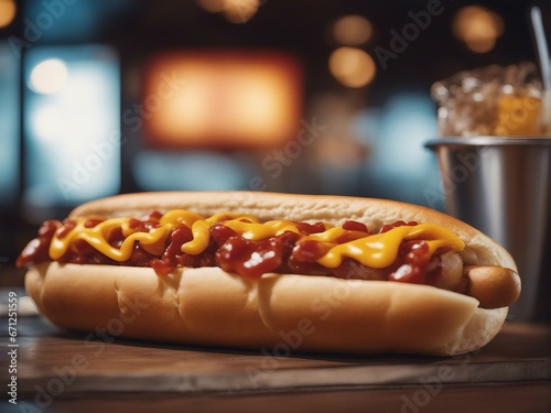 hot dog at fast food restaurant, food court, street restaurant. isolated blurry background