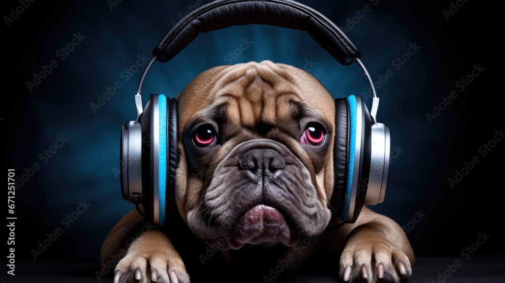 A dog with headphones listens to music. Music and creativity.