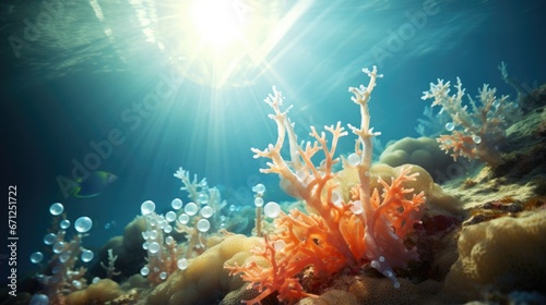 An underwater scene of corals and bubbles in the water. Generative AI.