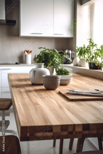 Kitchen interior mockup. Wooden table top and blurred defocused modern kitchen interior background. © Inga