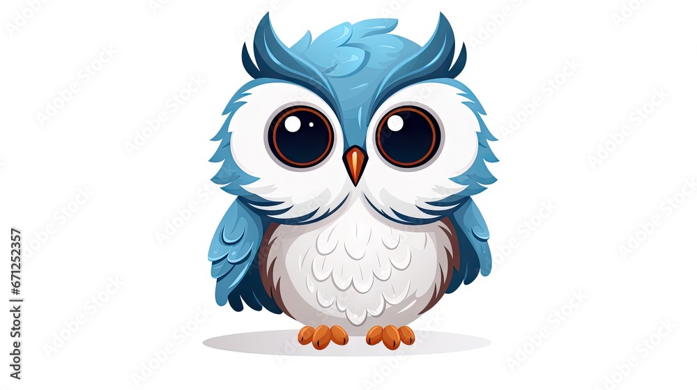 Naklejka premium a blue and white owl with big eyes sitting on the ground with its head turned to the side and eyes wide open. generative ai