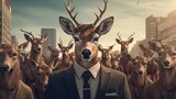 A deer in a suit and tie standing in front of a herd of deer. Generative AI.