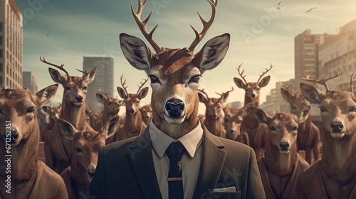 A deer in a suit and tie standing in front of a herd of deer. Generative AI.