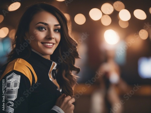 Portrait of American cheerleader women, blurry background 