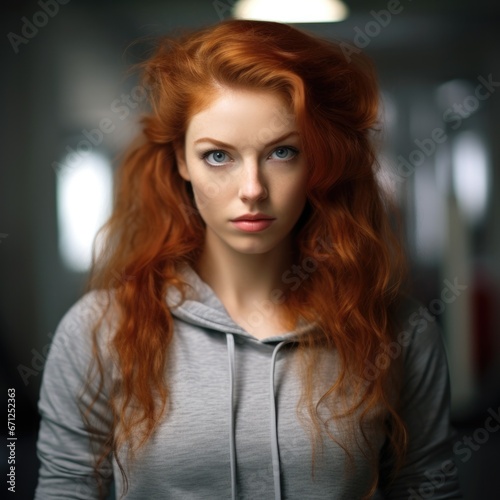 A young woman with long red hair wearing a grey hoodie. Generative AI.