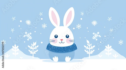  a white rabbit wearing a blue sweater sitting in the snow with snowflakes on the ground in the background.  generative ai