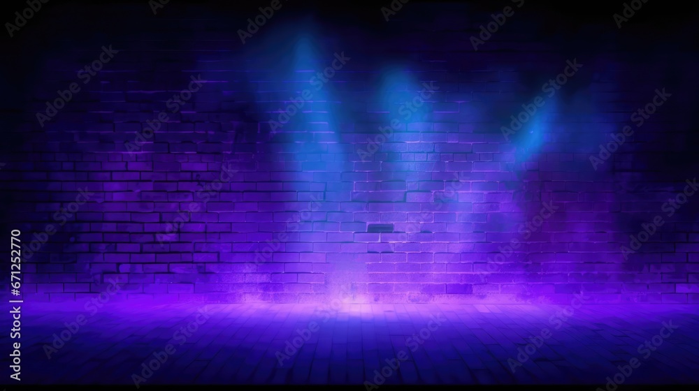 Brick wall texture pattern blue and purple background an empty dark scene laser beams neon spotlights reflection on the floor and