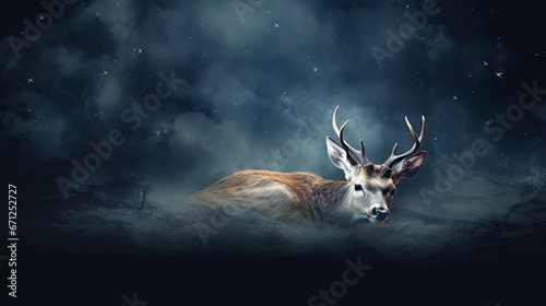  a deer sitting in the middle of the night with stars in the sky above it and a full moon in the background. generative ai