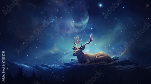  a deer sitting on top of a hill under a night sky filled with stars and a spiral galaxy in the background. generative ai
