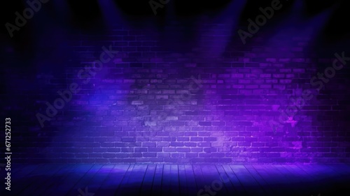 Brick wall texture pattern blue and purple background an empty dark scene laser beams neon spotlights reflection on the floor and