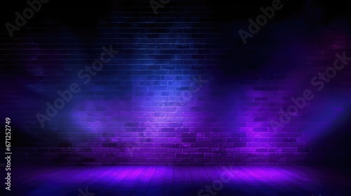 Brick wall texture pattern blue and purple background an empty dark scene laser beams neon spotlights reflection on the floor and