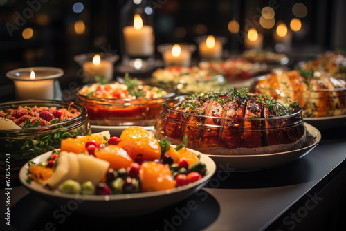 Fototapeta Naklejka Na Ścianę i Meble -  A Christmas dinner with 3D-printed food dishes, showcasing advancements in culinary innovation. Generative Ai.