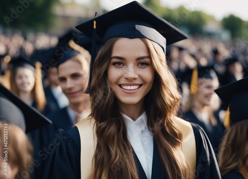 Portrait of a girl with a beautiful and sincere smile at a university graduation ceremony 