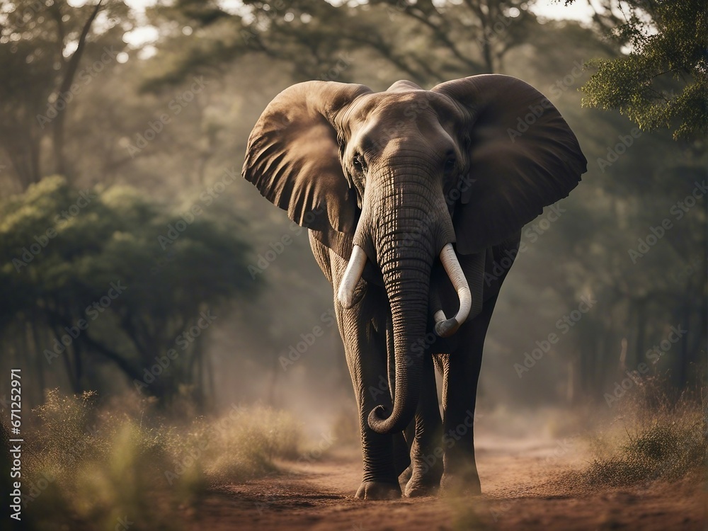 Fototapeta premium Portrait of male African elephant at forest