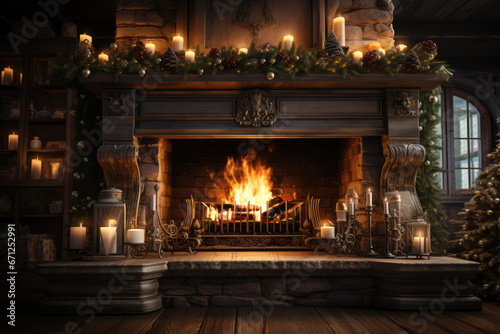 A Christmas fireplace that uses clean energy and advanced flame simulation to create a cozy, eco-friendly atmosphere. Generative Ai.