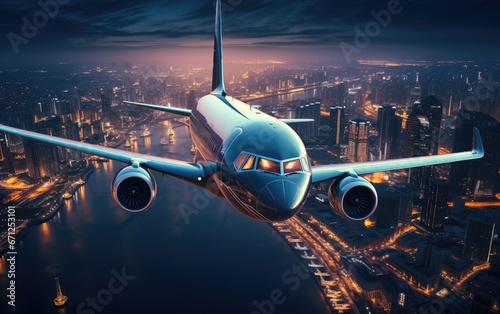 An airplane flying over a city at night