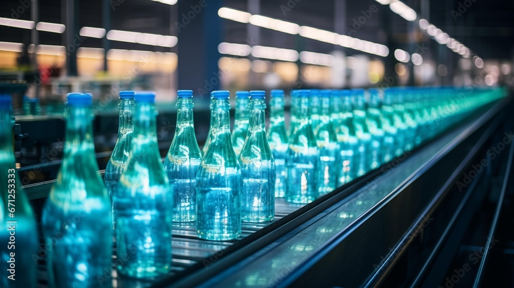 Glass bottles filled with refreshing drinks gliding along a conveyor belt. Glass bottles filled with refreshing drinks gliding along a conveyor belt.