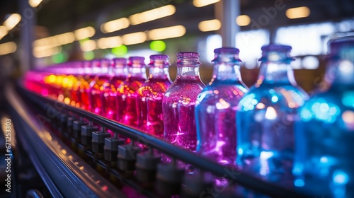 Glass bottles filled with refreshing drinks gliding along a conveyor belt.