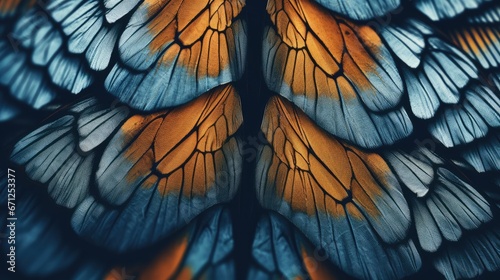  a close up of a butterfly s wings with orange  blue and white colors on it s wings.  generative ai